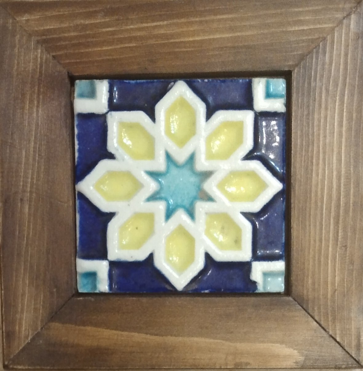 Handcrafted Pakistani Ceramic Tile Wall Art in Wooden Frame – Rustic Home Decor