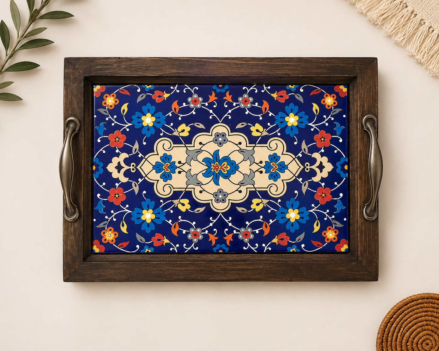 Handcrafted Wooden Tile Tray – Rustic Serving Tray for Coffee, Tea, and Home Deco