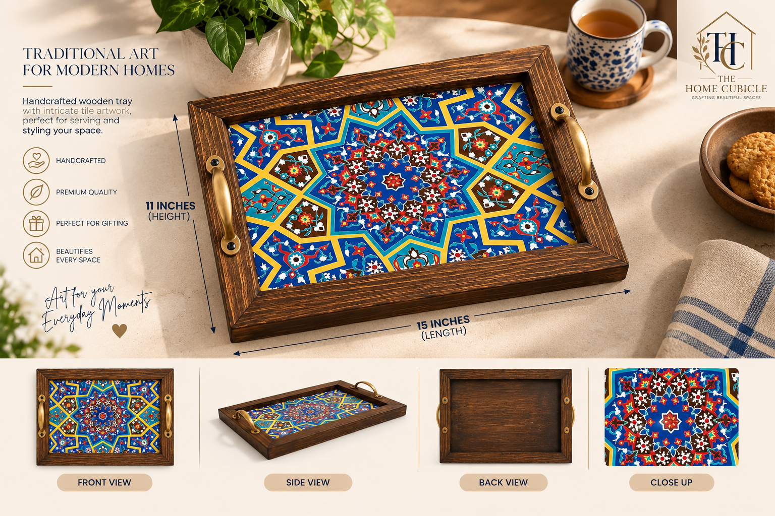Custom Wooden Tray, Handmade Wooden Tray, High-Quality Wood Tray, Intricate Pattern Tray, Rustic Kitchen Decor, Rustic Serving Tray, Tile Art Tray, Unique Gift Idea, Vintage Serving Tray, Wooden coffee tray, Wooden handicraft, Wooden Tile Tray