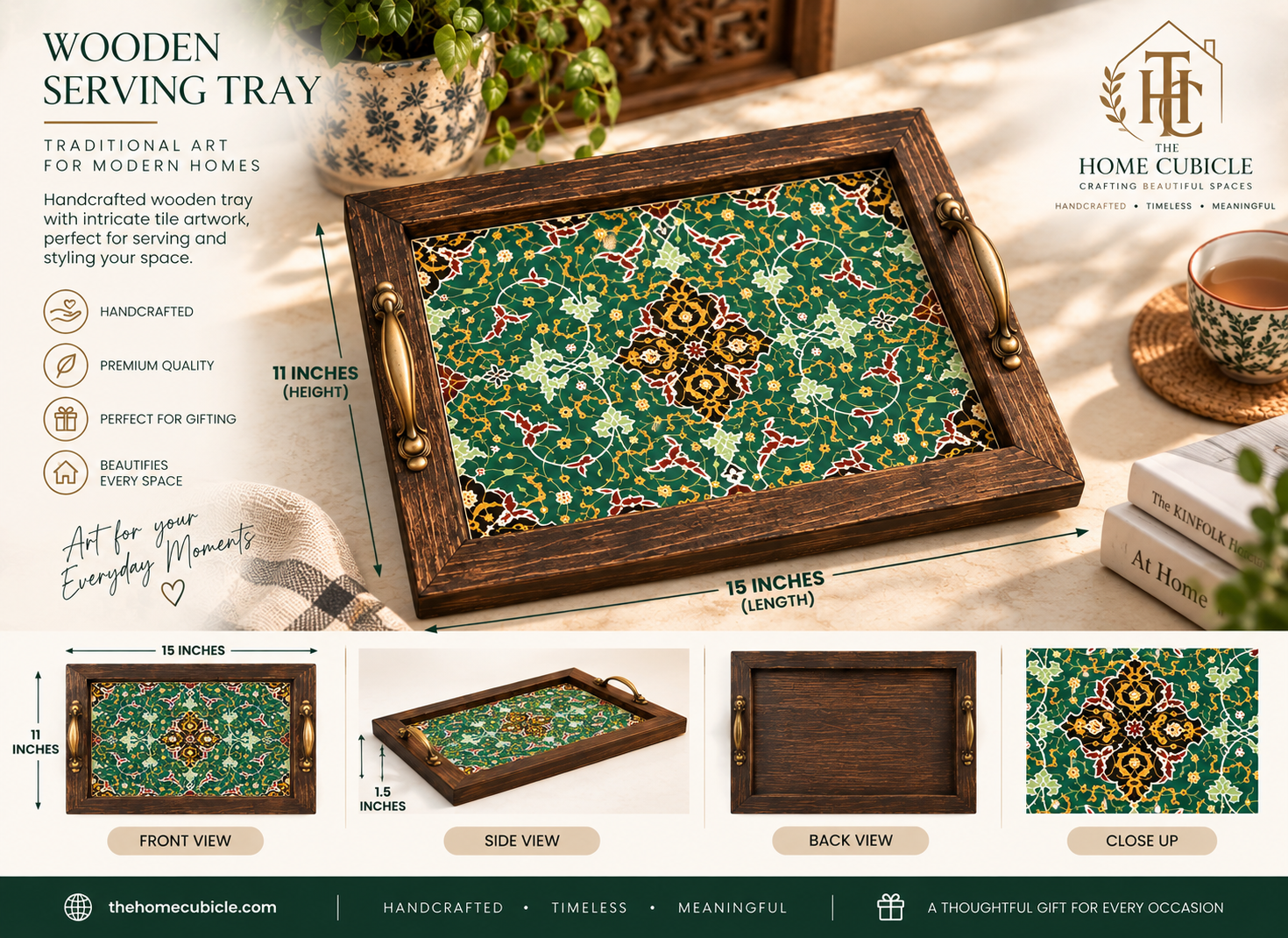 Handcrafted Wooden Ceramic Serving Tray – Traditional Pakistani Table Decor
