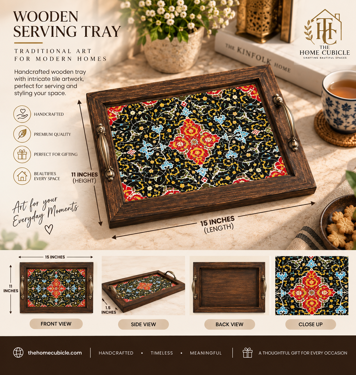 Custom Wooden Tray, Handmade Wooden Tray, High-Quality Wood Tray, Intricate Pattern Tray, Rustic Kitchen Decor, Rustic Serving Tray, Tile Art Tray, Unique Gift Idea, Vintage Serving Tray, Wooden coffee tray, Wooden handicraft, Wooden Tile Tray