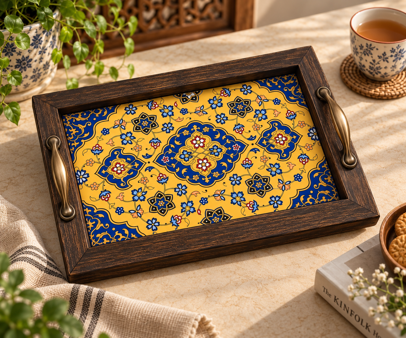 Handcrafted Wooden Ceramic Serving Tray – Traditional Pakistani Table Decor
