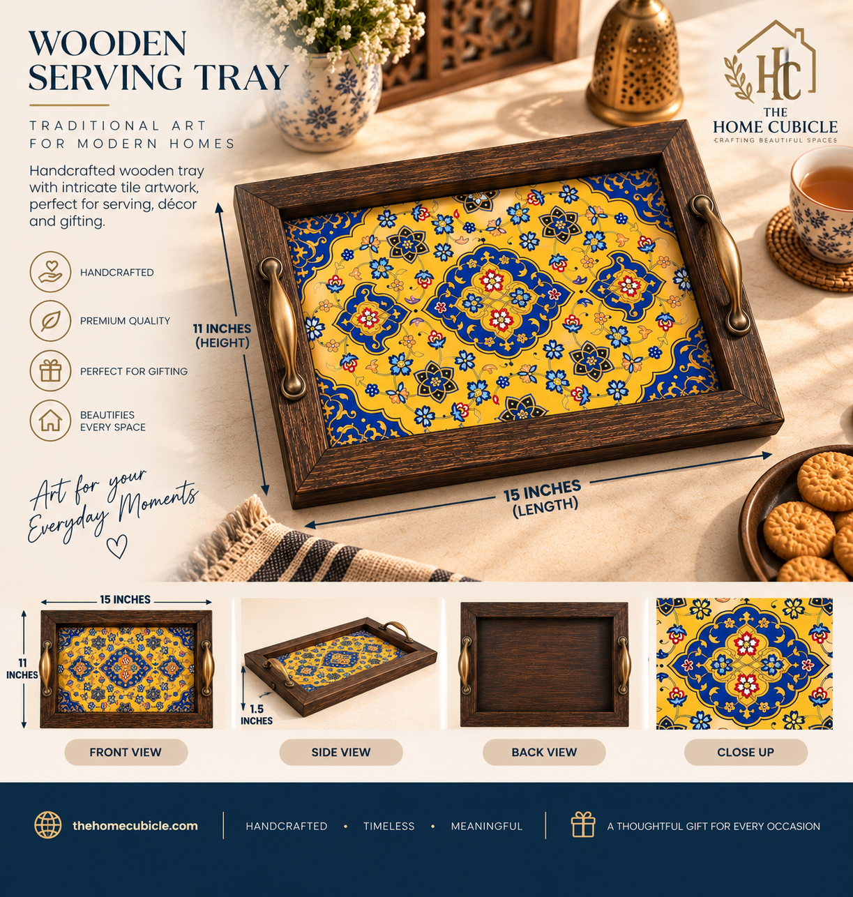 Handcrafted Wooden Ceramic Serving Tray – Traditional Pakistani Table Decor