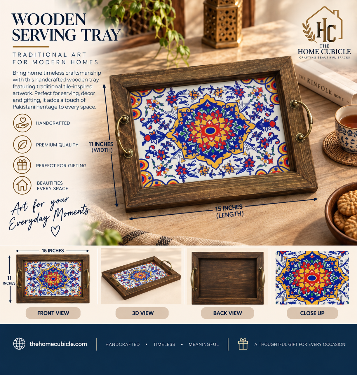 Handcrafted Wooden Ceramic Serving Tray – Traditional Pakistani Table Decor