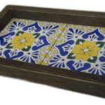 Handcrafted Wooden Coffee Tray with Intricate Patterned Ceramic Tile Inlays
