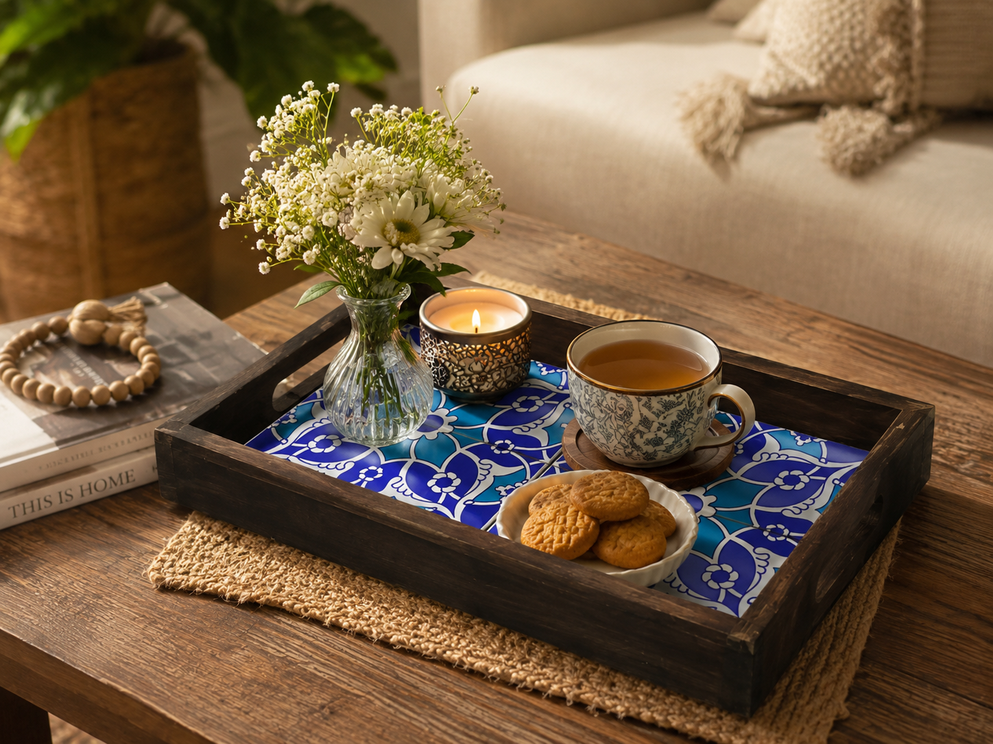 Handcrafted Wooden Ceramic Tea Serving Tray | Decorative Coffee Table Tray | Rustic Tray for Home Decor & Tea Serving Handcrafted Wooden Ceramic Tea Serving Tray | Decorative Coffee Table Tray | Rustic Tray for Home Decor & Tea Serving