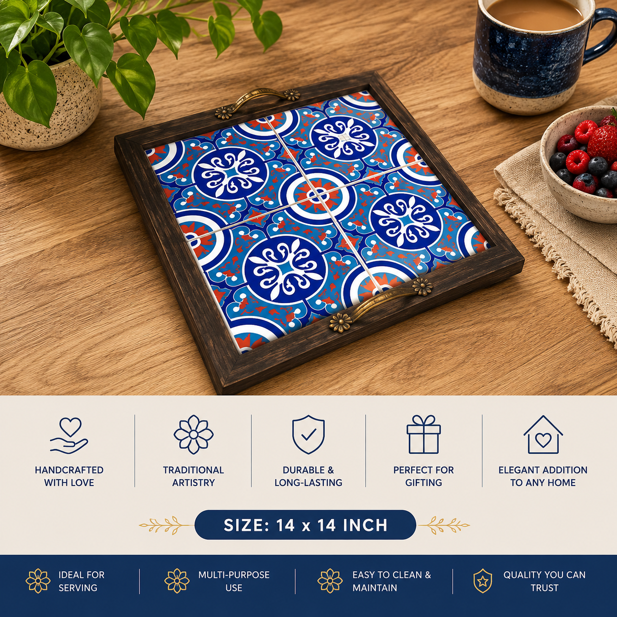 Table Tile Trays, Traditional Trays and Platters Tags: Custom Wooden Tray, Decorative Serving Tray, Handcrafted Tray, Handmade Wooden Tray, Rustic Kitchen Decor, Rustic Serving Tray, Tile Art Tray, Traditional Craftsmanship, Unique Gift Idea, Wooden Tile Tray