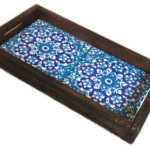Handcrafted Wooden Coffee Tray with Intricate Patterned Ceramic Tile Inlays