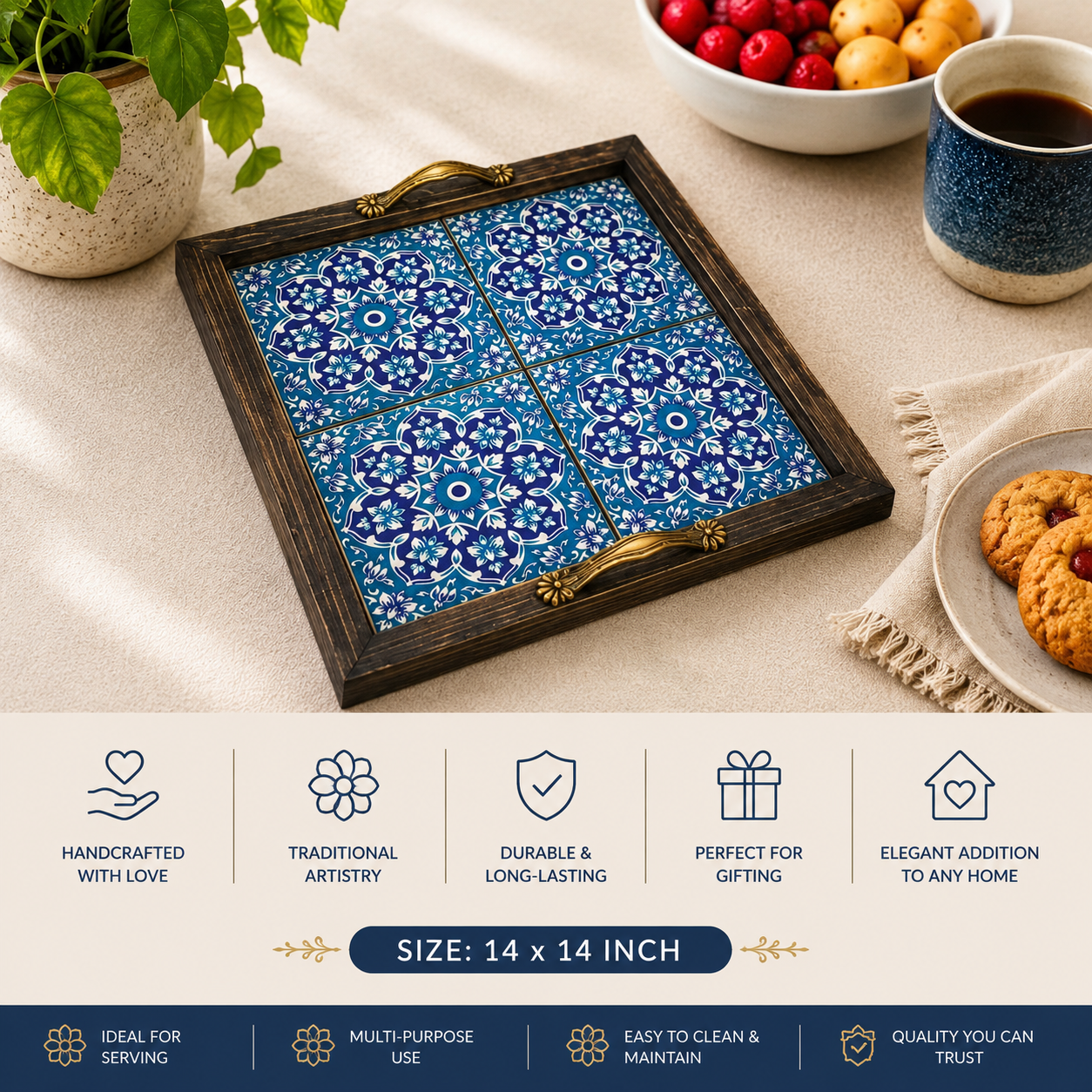 Table Tile Trays, Traditional Trays and Platters Tags: Custom Wooden Tray, Decorative Serving Tray, Handcrafted Tray, Handmade Wooden Tray, Rustic Kitchen Decor, Rustic Serving Tray, Tile Art Tray, Traditional Craftsmanship, Unique Gift Idea, Wooden Tile Tray