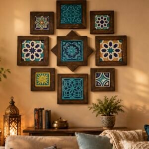 Handcrafted Wall Decor, Wooden Ceramic Wall Art, Wall Collage Set, Rustic Wall Decor, Farmes house Wall Art, Blue Tile Wall Decor, Gallery Wall Frames, Boho Home Decor, Living Room Wall Decoration, Handmade Wall Hanging, Pakistani Handicrafts, Decorative Wooden Frames, Ceramic Wall Tiles, Housewarming Gift, Statement Wall Decor.