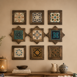 Boho wall decor, Bohostyle decor, Ceramic tile frames, Ceramic wall hangings, Hallway decor, handmade wall art, Housewarming gift, Living room decor, Mediterranean style decor, Traditional Craftsmanship, Wall decor, Wall Decor frames, Wall decor ideas, wall decoration ideas, Wall frames, Wooden handicraft, Wooden wall decor