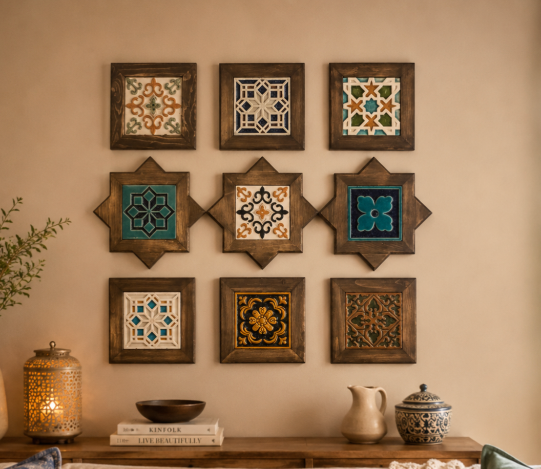 Boho wall decor, Bohostyle decor, Ceramic tile frames, Ceramic wall hangings, Hallway decor, handmade wall art, Housewarming gift, Living room decor, Mediterranean style decor, Traditional Craftsmanship, Wall decor, Wall Decor frames, Wall decor ideas, wall decoration ideas, Wall frames, Wooden handicraft, Wooden wall decor