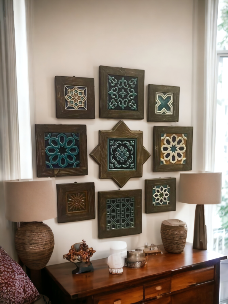 Wall Collage Wooden Ceramic Frames for wall decor, Boho style wall decor, Boho wall decor, Bohostyle decor, Ceramic tile frames, Ceramic wall hangings, Hallway decor, handmade wall art, Housewarming gift, Living room decor, Mediterranean style decor, Traditional Craftsmanship, Wall decor, Wall frames, Wooden handicraft, Wooden wall decor