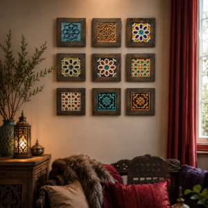 Boho style wall decor, Ceramic tile frames, Ceramic wall hangings, Hallway decor, Handmade Ceramic Tile Decor, handmade wall art, home decor, Islamic Geometric Wall Hanging, latest wall decor trends, Outdoor garden decor, Unique Gift Idea, wall collage frame, Wall decor, wall decoration ideas, Wooden handicraft