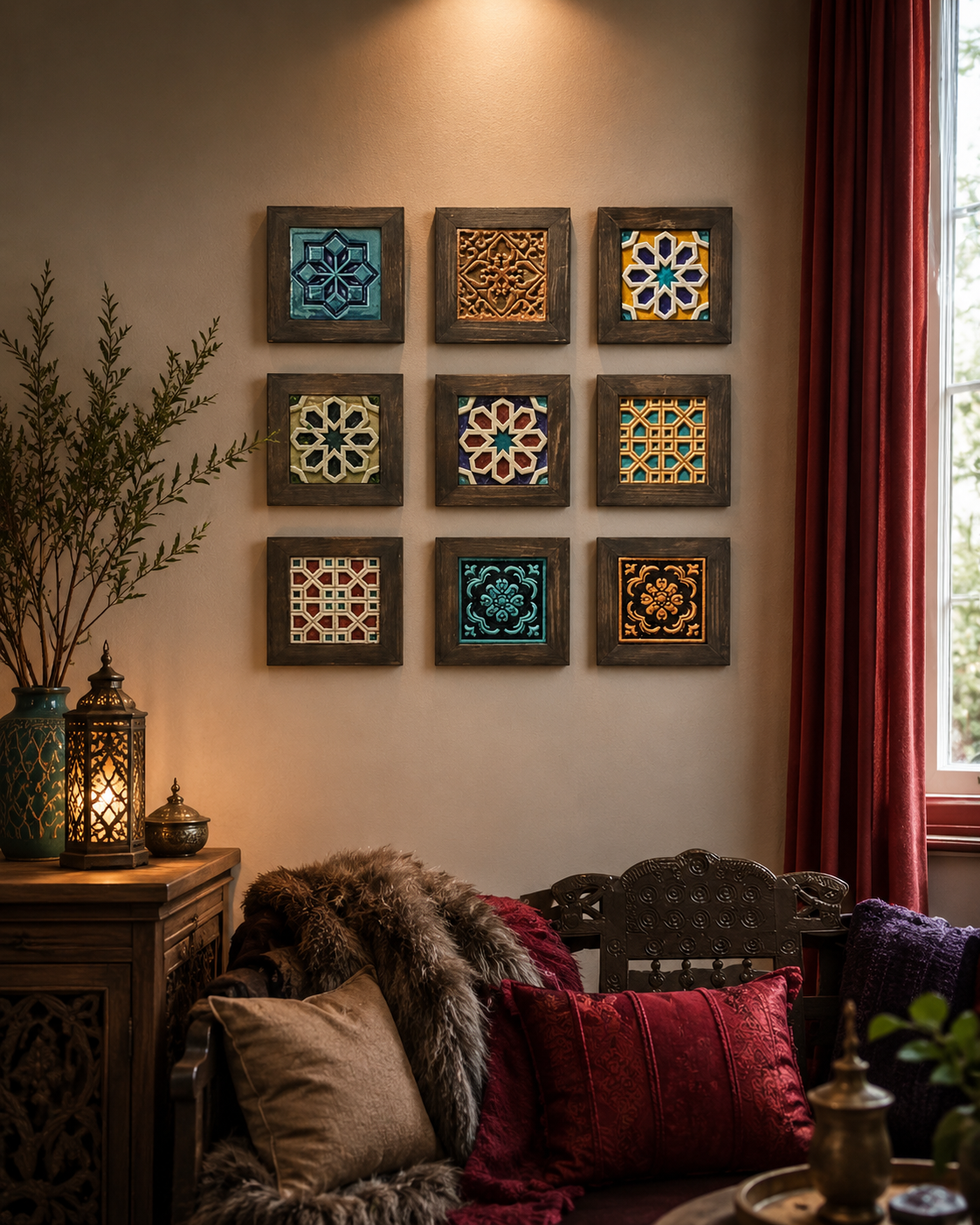 Boho style wall decor, Ceramic tile frames, Ceramic wall hangings, Hallway decor, Handmade Ceramic Tile Decor, handmade wall art, home decor, Islamic Geometric Wall Hanging, latest wall decor trends, Outdoor garden decor, Unique Gift Idea, wall collage frame, Wall decor, wall decoration ideas, Wooden handicraft
