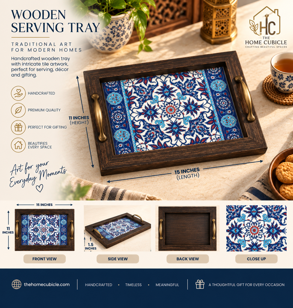 Handcrafted Wooden Ceramic Serving Tray – Traditional Pakistani Table Decor