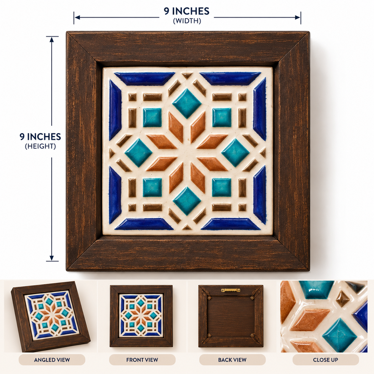 Handcrafted Ceramic Tile Wooden Wall Frame – 9×9 Inch | Traditional Wall Décor
