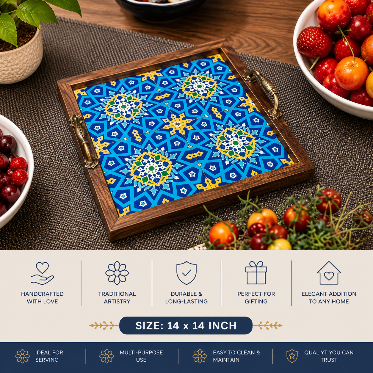 Table Tile Trays, Traditional Trays and Platters Tags: Custom Wooden Tray, Decorative Serving Tray, Handcrafted Tray, Handmade Wooden Tray, Rustic Kitchen Decor, Rustic Serving Tray, Tile Art Tray, Traditional Craftsmanship, Unique Gift Idea, Wooden Tile Tray