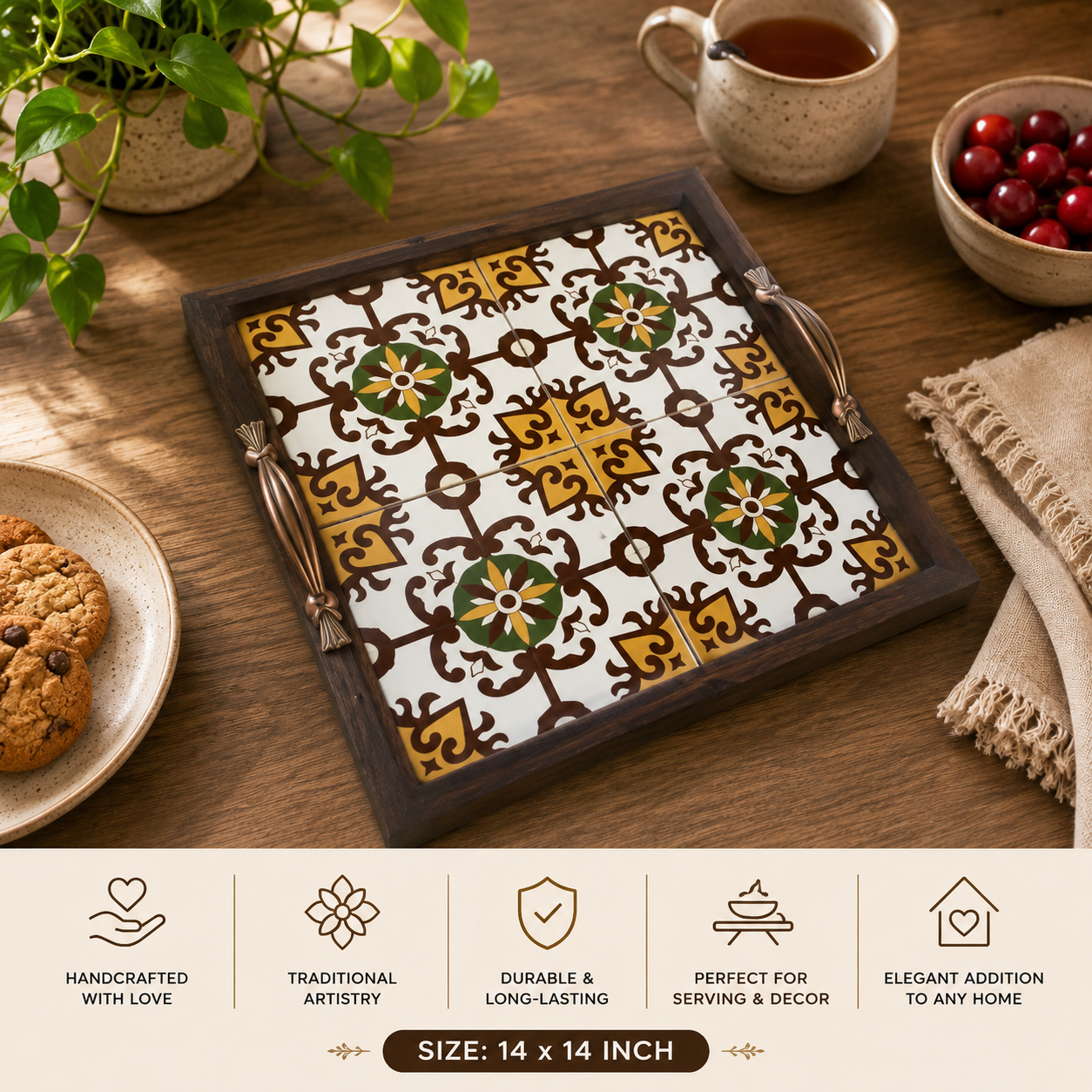 Table Tile Trays, Traditional Trays and Platters Tags: Custom Wooden Tray, Decorative Serving Tray, Handcrafted Tray, Handmade Wooden Tray, Rustic Kitchen Decor, Rustic Serving Tray, Tile Art Tray, Traditional Craftsmanship, Unique Gift Idea, Wooden Tile Tray