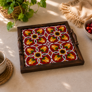 Vintage inspired Traditional Tile Wooden Serving Tray, Handcrafted Rustic Wooden serving tray