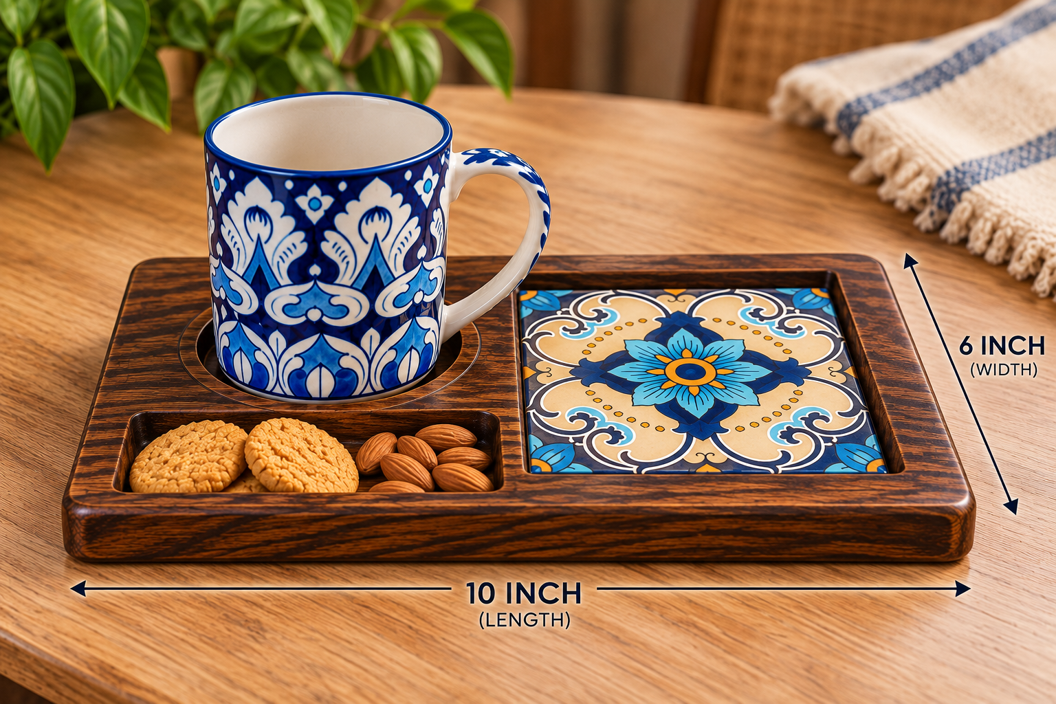 Handcrafted Wooden Tea Tray with Ceramic Tile Inlay & Hand-Painted Mug Handcrafted Wooden Tea Tray with Ceramic Tile Inlay & Hand-Painted Mug