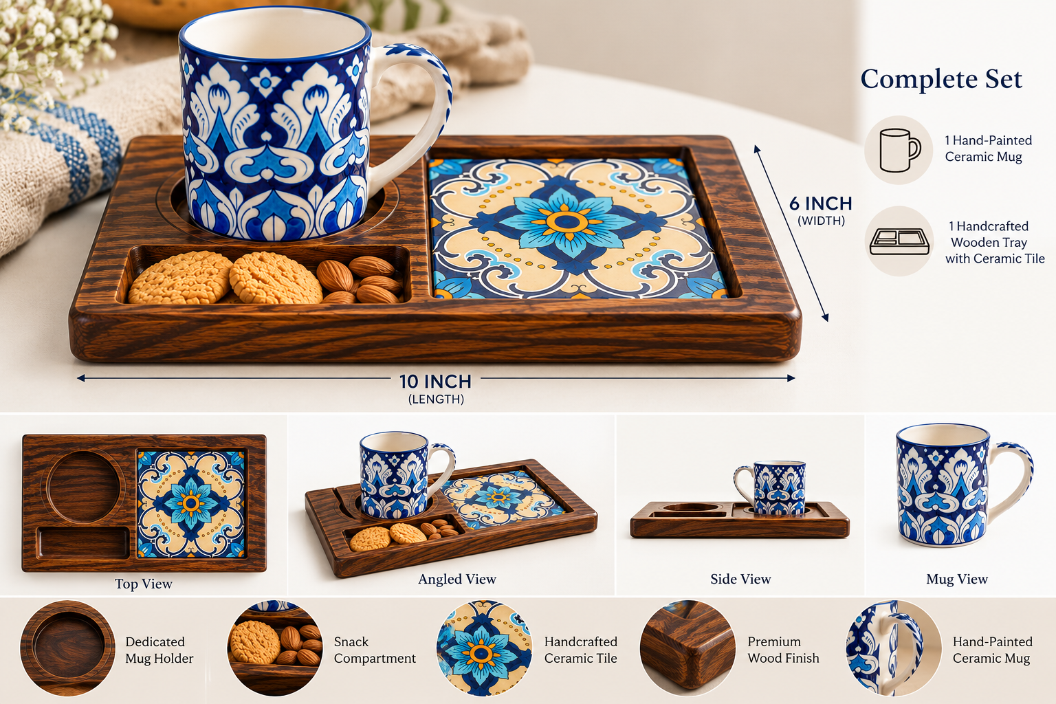 Handcrafted Wooden Tea Tray with Ceramic Tile Inlay & Hand-Painted Mug Handcrafted Wooden Tea Tray with Ceramic Tile Inlay & Hand-Painted Mug