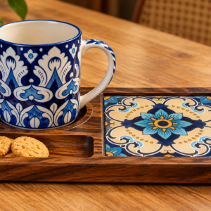 Handcrafted Wooden Tea Tray with Ceramic Tile Inlay & Hand-Painted Mug, MUg with tray
