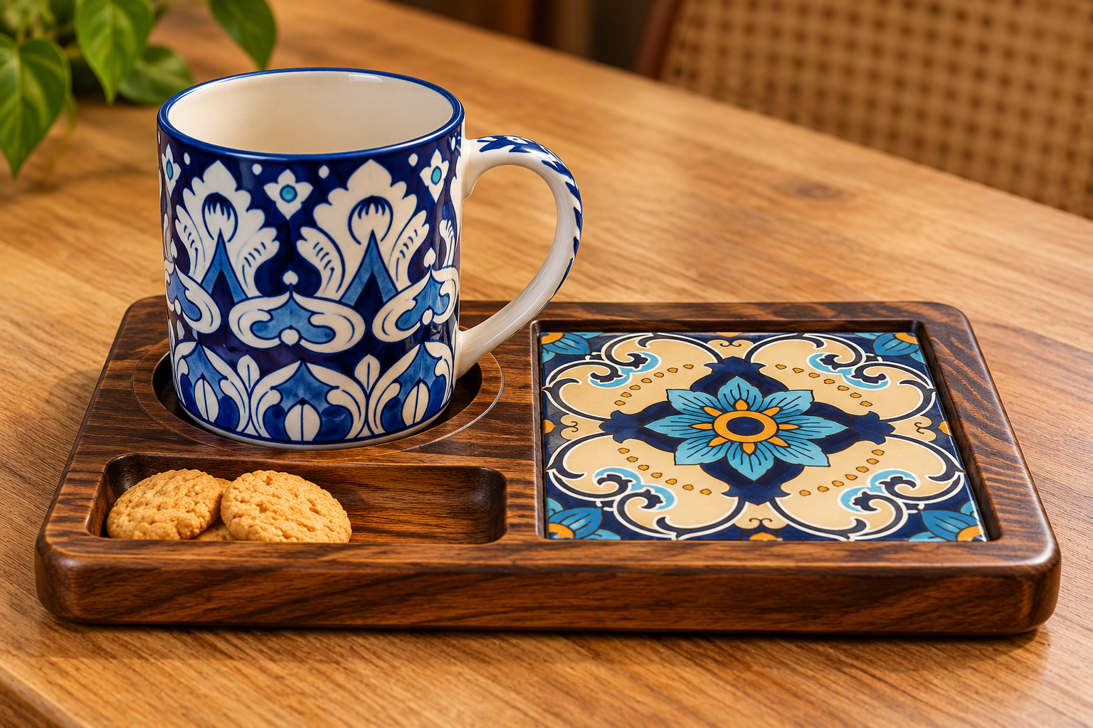 Handcrafted Wooden Tea Tray with Ceramic Tile Inlay & Hand-Painted Mug, MUg with tray