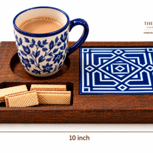 Handcrafted Wooden Tea Coffee Mug Tray with Ceramic Tile Inlay & Hand-Painted Mug