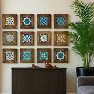 Unique Wall decoration idea with wooden and decoraticve tiles, living room decor idea, home decoration ideas, modern wall decor, traditional wall decor, unique handicraft
