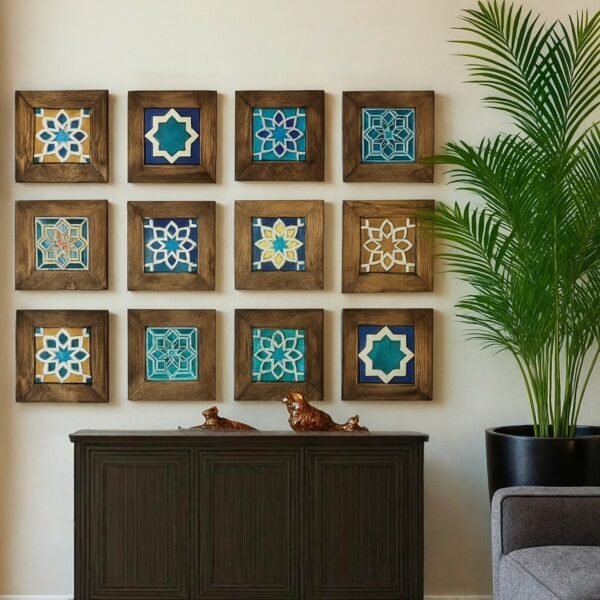 Unique Wall decoration idea with wooden and decoraticve tiles, living room decor idea, home decoration ideas, modern wall decor, traditional wall decor, unique handicraft