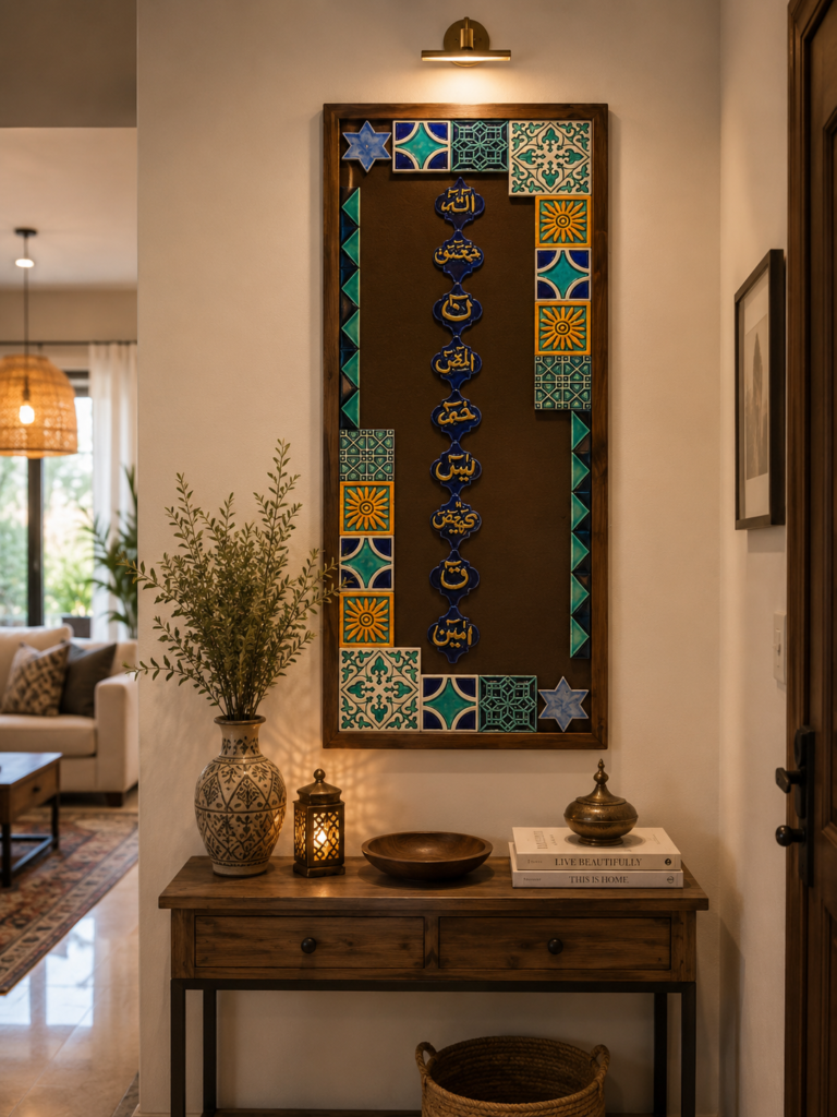 LOH-E-QURANI Ceramics Wall hanging with Wooden Wall frame with decorative tiles for Islamic Wall Decor