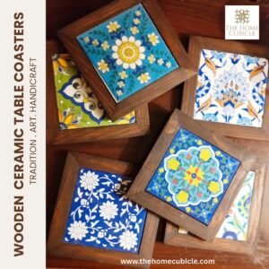 Handcrafted Pakistani Ceramic Tile Wooden Coasters – Rustic Table Decor