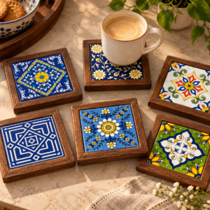 Handcrafted Pakistani Ceramic Tile Wooden Coasters – Rustic Table Decor