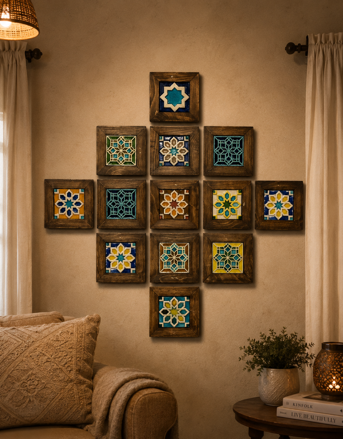 13-Piece Moroccan Mosaic Wall Art Set | Wood Framed Tile Decor Collage