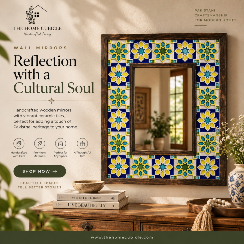 Handcrafted wooden ceramic wall mirror with colorful Pakistani tile design for home décor.