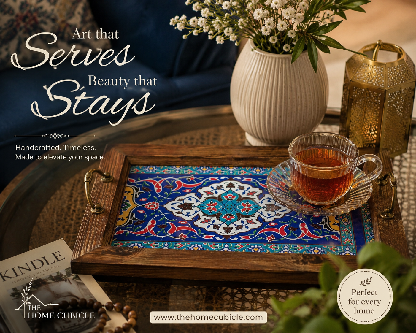 Table Decor Handcrafted Wooden Ceramic Tea Serving Tray | Decorative Coffee Table Tray | Rustic Tray for Home Decor & Tea Serving