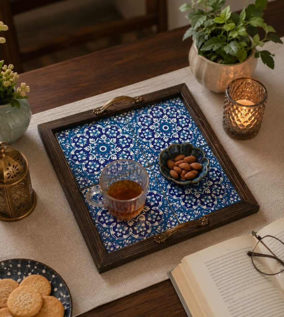 Handcrafted Wooden Ceramic Tea Serving Tray | Decorative Coffee Table Tray | Rustic Tray for Home Decor & Tea Serving