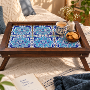 Handcrafted Wooden Ceramic Breakfast Table Tray | Foldable Legs | Artisan Tile Table Tray