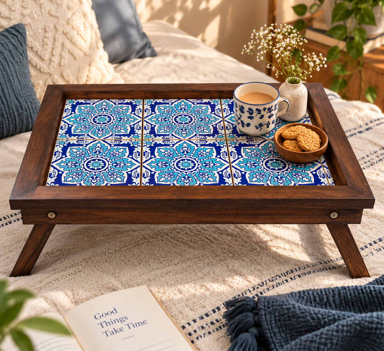 Handcrafted Wooden Ceramic Breakfast Table Tray | Foldable Legs | Artisan Tile Table Tray